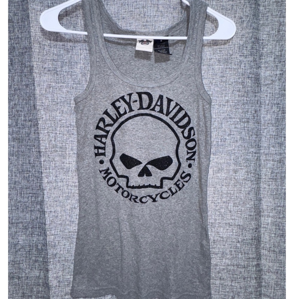 Harley-Davidson Womens Gray Willie G Skull Glitter Ribbed Tank Top Medium